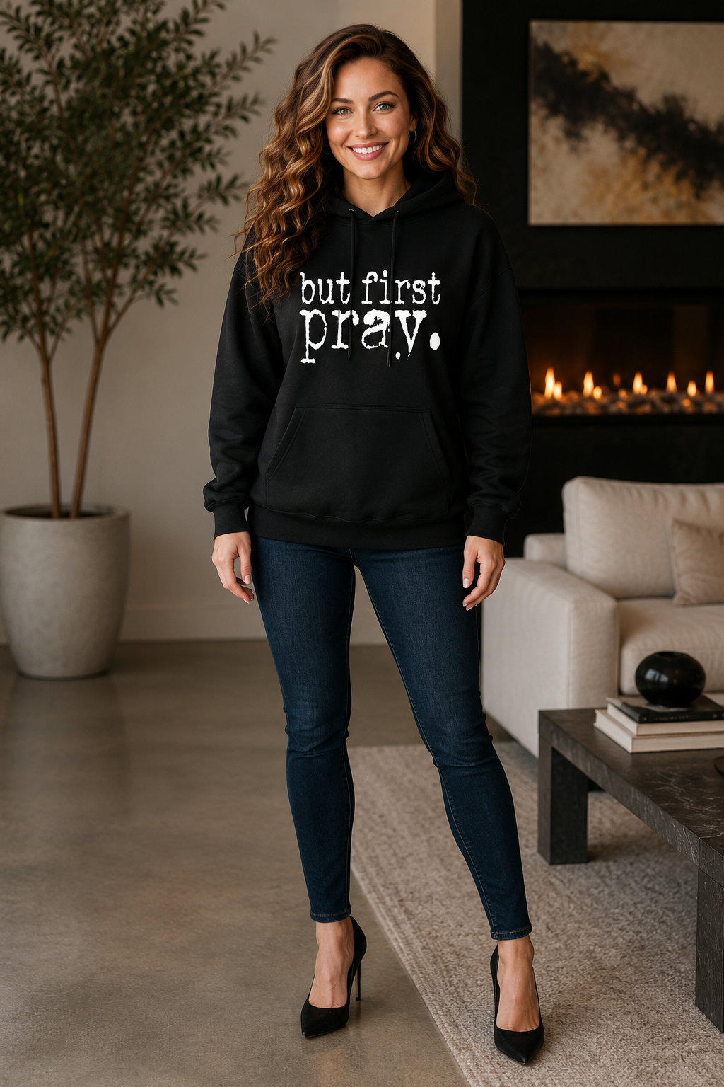 Women's First We Pray Drop-Shoulder Casual Sweater