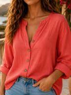 Women's Cotton-Linen Button-Down T-Shirt