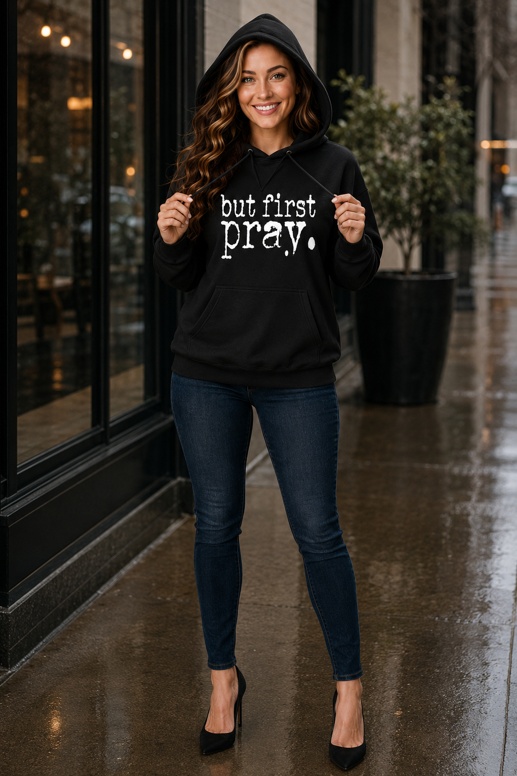 Women's First We Pray Drop-Shoulder Casual Sweater