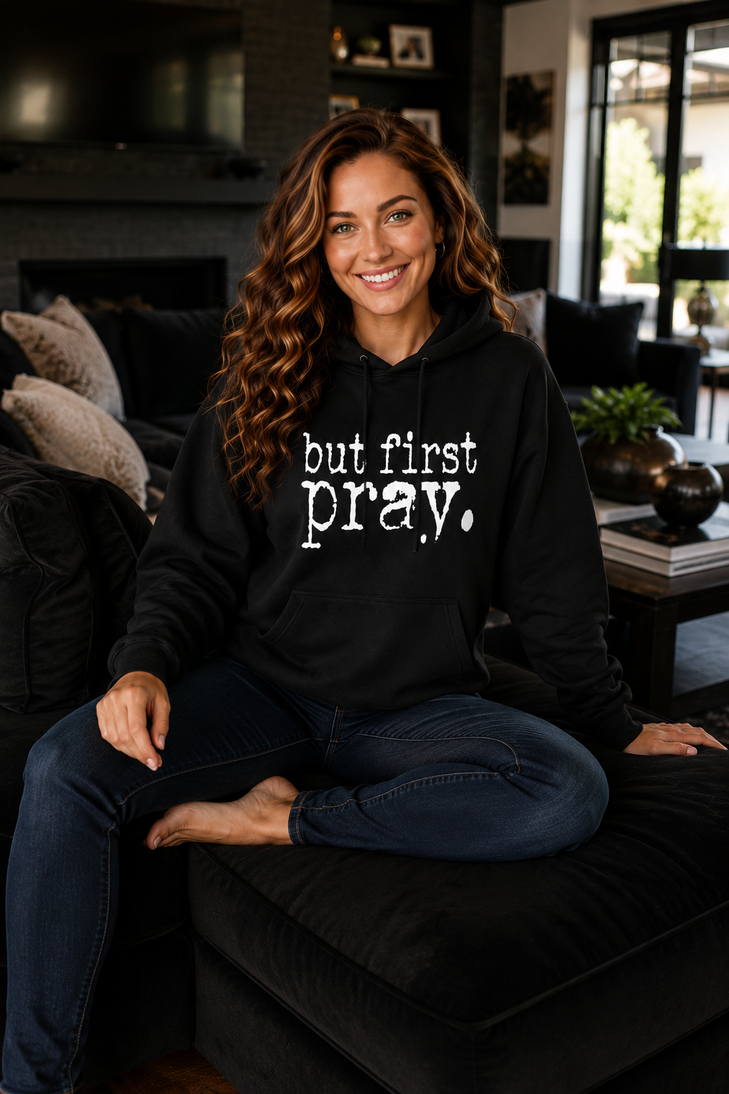 Women's First We Pray Drop-Shoulder Casual Sweater