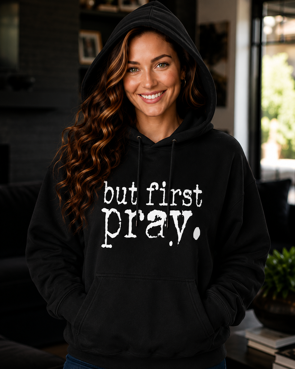 Women's First We Pray Drop-Shoulder Casual Sweater